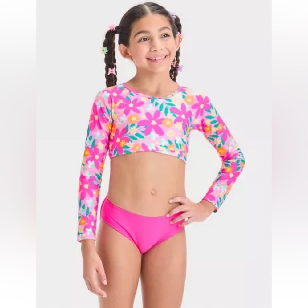 Cat & Jack Girl’s Floral Pink Rashguard Swim Bikini Set  Size XS 4/5